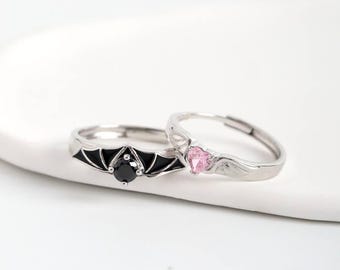 925 Sterling Silver Bound by Temptation, Saved by Love Matching Rings, Adjustable Angel & Devil Rings, Free Engrave, CZ Couple Rings