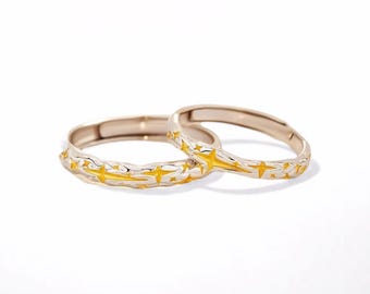 925 Sterling Silver Gold Star Matching Couple Ring, Adjustable, Free Engraved, Promise Rings, Celestial Jewelry, Anniversary Gifts