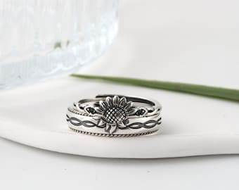 999 Sterling Silver Sunflower Matching Rings, Shine Together Couple Rings, Free Engraved, Adjustable, Custom Anniversary Gifts for Him & Her