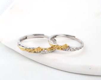 999 Sterling Silver Sunlit Peak Wedding Ring Set, Engraved, Adjustable, Matching Couple Rings, Personalized Promise Ring Set, Gift for Her