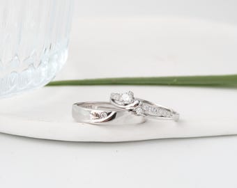 Conjunto de Anillos de Promesa Clásicos de Plata de Ley 925 con CZ, Grabado Gratis, Ajustable, Juego de Anillos de Boda