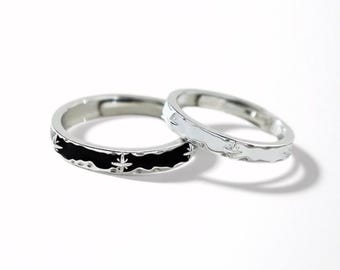 925 Sterling Silver Black and White CZ Matching Rings, Miss You Day & Night Couple Rings, Free Engraved, Adjustable, Enamel