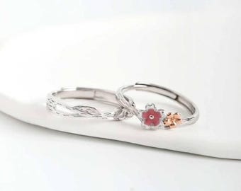 925 Sterling Silver United in Bloom Couple Rings, Sakura Flower & Branch Ring, Adjustable, Free Engrave, Wedding Ring Set, Anniversary Gifts