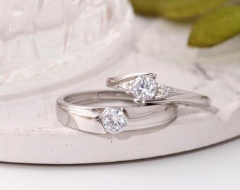 925 Plata de Ley CZ Juego de Anillos de Boda Clásicos Minimalistas, Anillo Ajustable, Grabado Gratis, Joyería de Aniversario