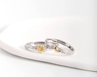 999 Sterling Silver Sun Moon Soluna Matching Rings, Anniversary Jewelry for Couples, Custom Rings, Adjustable, Free Engrave, Silver Ring Set