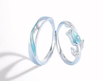 925 Sterling Silver Tulip Luminous Couple Rings, Adjustable Ring, Glow in the Dark Floral Jewelry, Romantic Gift for Couples