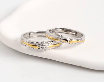 999 Sterling Silver Sun & Moon Wedding Ring Set, Anniversary Gifts for Couples, Two Tone Ring, Adjustable Ring, Free Engrave, Couple Rings