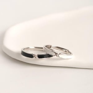 999 Sterling Silber Schwarz & Weiß Trauring-Set, Passende Partnerringe, Verstellbarer Ring, Individuelles Jubiläumsgeschenk für Paare