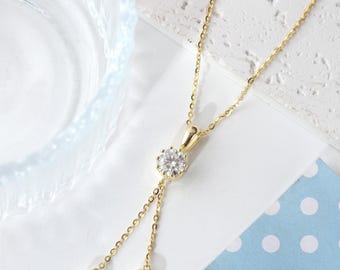 Elegant Gold Moissanite Lariat Necklace in 925 Sterling Silver, Sparkling Double Drop Pendant, Minimalist Bridal Necklace, Anniversary Gift