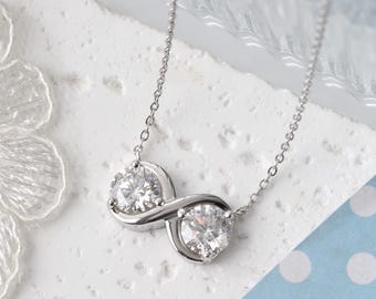 Sterling Silver Infinity Moissanite Necklace, Double Round Moissanite Pendant, Minimalist Wedding Jewelry for Women, Custom Engraved