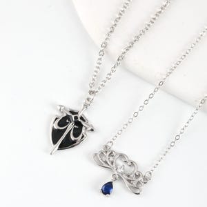 Sword & Crown Couple Necklaces in 925 Sterling Silver, Matching Pendant Set with Blue CZ Drop, Adjustable Chains, Custom Anniversary Gifts