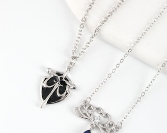 Collares de Pareja Espada & Corona en Plata de Ley 925, Juego de Colgantes a Conjunto con Gota de CZ Azul, Cadenas Ajustables