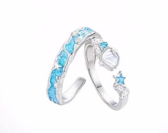 Ocean Love Song Couple Rings in 925 Sterling Silver,  Matching Rings, Adjustable, Free Engraved, Personalized Gift for Her Him