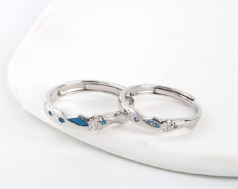 Ocean Sparkle 999 Sterling Silver Couple Rings – Blue Enamel & CZ Accents, Free Engraved, Adjustable Rings, Promise Ring Set, Custom Rings