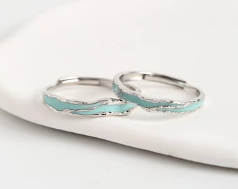 925 Sterling Silver “Ocean Glow” Luminous Couple Rings, Glow-in-the-Dark Enamel Ring, Romantic Gift For Couples, Adjustable, Free Engraved