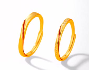 Gold Couple Rings Set, Wave Design Matching Rings, Cubic Zirconia Ring, Adjustable Promise Rings, Romantic Anniversary Gifts, Free Engraving