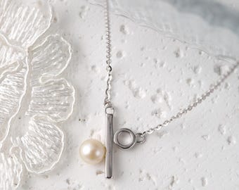 Freshwater Pearl Bar Necklace in 925 Sterling Silver, Percent Sign Pendant, Dainty Elegant Jewelry for Her, Engraved, Customized Jewelry