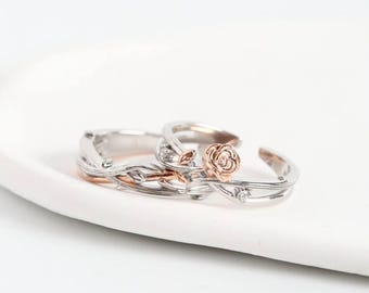 999 Sterling Silver Rose Vine Couple Rings, Two Tone Ring, Anniversary Gifts for Couples, Wedding Ring Set, Free Engraved, Adjustable Ring
