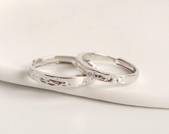 Juego de Anillos de Boda de Lujo Ligero en Plata de Ley 999, Anillo Ajustable, Grabado Gratis, Juego de Anillos de Compromiso