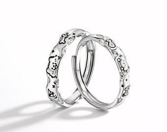 925 Sterling Silver Kawaii Cartoon Couple Rings, Sterling Silver Matching Rings, Cute Doodle Engraved Rings, Adjustable Promise Rings