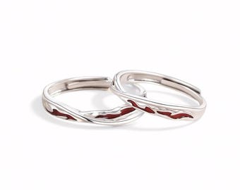 999 Sterling Silver Couple Rings, Red Inlay Matching Bands, Free Engraved, Adjustable, Promise Rings, Custom Engraved Gift