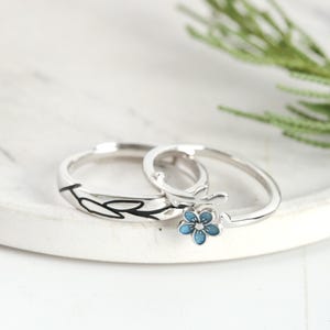 925 Sterling Silver Forget-Me-Not Flower Matching Rings, Personalized Couple Jewelry, Adjustable Ring, Free Engraved, Promise Ring Set