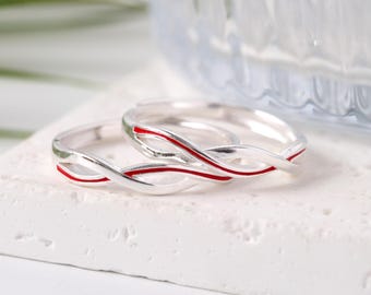 Zestaw Dopasowanych Pierścionków z Czerwoną Linią ze Srebra 999, Regulowane Pierścionki dla Par, Minimalistyczne Pierścionki Obietnicy