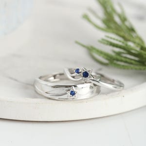 Starlit Promise 925 Sterling Silver Couple Rings, Blue Star Accents, Adjustable, Free Engraved, Custom Anniversary Gifts for Couples