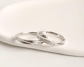 999 Sterling Silver Couple Rings with CZ Pave Accent, Elegant Wedding Ring Set, Adjustable, Engraving for Free, Custom Anniversary Jewelry