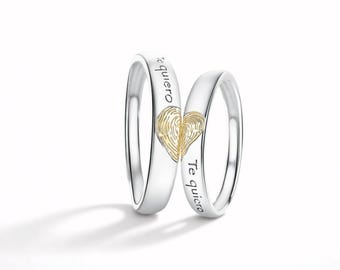 Te Quiero Fingerprint Heart Couple Rings in 925 Sterling Silver, Matching Rings, Free Engraved, Adjustable, Custom Anniversary Gifts