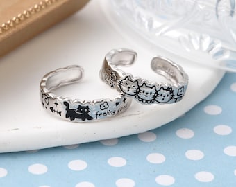 Doodle Cat Matching Rings in 925 Sterling Silver, Cat Lover Jewelry, Free Engraved, Adjustable Couple Rings, Custom Silver Friendship Rings