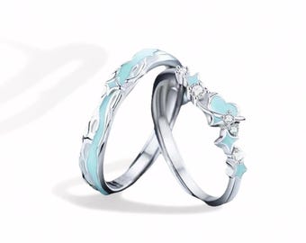 Starry Sky Couple Rings Set in 925 Sterling Silver, Glow in the Dark Matching Rings,  Adjustable, Free Engraved, Galaxy Inspired Gift