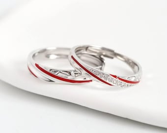 Anillos de pareja en plata de ley 925 “Eternal Ribbon” con esmalte rojo, diseño de giro infinito, ajustables, grabado gratuito