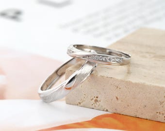 Juego de anillos de boda de plata de ley 925 con circonita cúbica, anillo de lujo minimalista, anillo ajustable, grabado gratuito