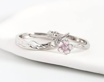 999 Sterling Silver Sakura Blossom Wedding Ring Set, Romantic Cherry Flower Ring, Adjustable, Free Engraved, Custom Jewelry, Couple Rings