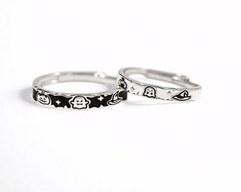Halloween Ghost Couple Rings Set in 925 Sterling Silver, Cute Pumpkin Witch Matching Rings, Adjustable, Free Engraved, Spooky Jewelry Gift