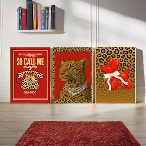 Red Leopard Pop Art Print Set: Retro Glam Wall Art (Digital Download