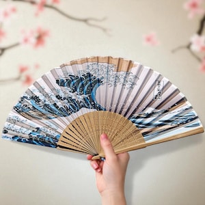 Japanese Silk Folding Fan: Ocean Wave Art, Elegant Sensu Fan