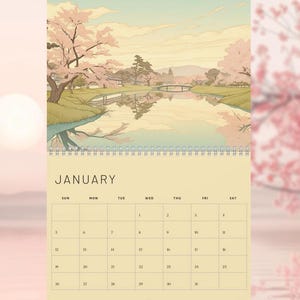Calendrier mural japonais 2025-2026 - Art inspiré de l&#39;ukiyo-e, nature saisonnière, illustrations de paysages, fleurs de cerisier, scènes côtières, de jardin