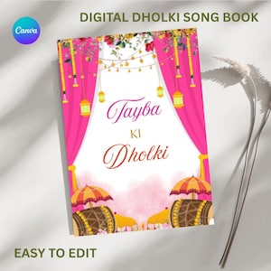 May include: A digital songbook titled "Tayba Ki Dholki" with a pink and white design. The cover features pink curtains, decorative lights, and illustrations of drums and umbrellas. The text "DIGITAL DHOLKI SONG BOOK" and "EASY TO EDIT" are also visible.