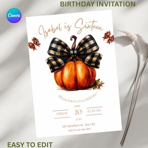 Plantilla de invitación de cumpleaños de otoño Invitación de fiesta de cumpleaños de otoño Invitación de Canva editable Tema de calabaza rústica de otoño Descarga digital