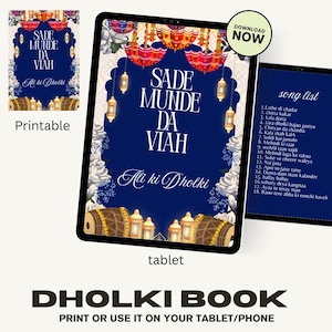 May include: A digital Dholki book displayed on a tablet, featuring a navy blue background with white text and floral accents. The title "Sade Munde Da Viah" is prominently displayed. The image also includes a song list.