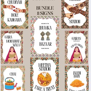 Puede incluir: Un conjunto de ocho letreros decorativos Mehndi/Dholki con bordes florales. Los letreros muestran texto como "Mehndi Station", "Jhumka Bazaar" y "Take a Treat", acompañados de ilustraciones relevantes. Ideal para una fiesta.
