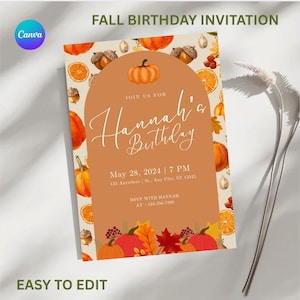 Fall Birthday Invitation Template Autumn Birthday Party Invite Editable Canva Invitation Rustic Pumpkin Fall Theme Digital Download