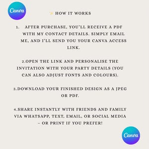 May include: A light beige graphic with the Canva logo and text explaining how to personalize a design. The steps include receiving a PDF, opening a link, personalizing the invitation, downloading as a JPEG or PDF, and sharing via various methods.