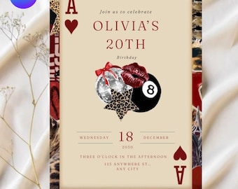 Cheetah Birthday Invitation Digital glam Disco invite Red Lips digital birthday Lucky 8 Ball Party Invite Printable trendy invitation
