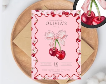 Cherry Birthday Invitation girl Digital Download template Editable Party Invite cherry bow birthday invite cherry theme girl party