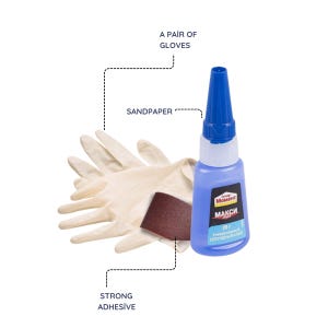 May include: A pair of gloves, sandpaper, and a bottle of strong adhesive are displayed on a white background. The adhesive bottle is blue with a white cap and a label that includes the word "MAXI". The sandpaper is rectangular and brown.