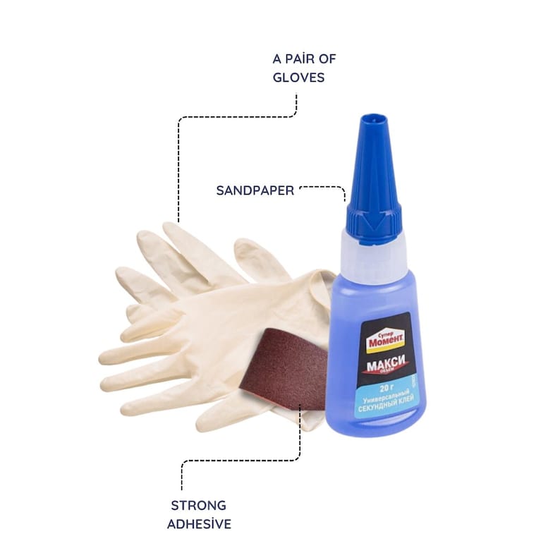 May include: A pair of gloves, sandpaper, and a bottle of strong adhesive are displayed on a white background. The adhesive bottle is blue with a white cap and a label that includes the word "MAXI". The sandpaper is rectangular and brown.
