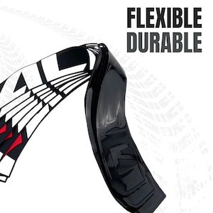May include: A black, flexible, and durable product with white and red accents. The product has the words "FLEXIBLE" and "DURABLE" in bold, black text. The product is curved and appears to be made of a glossy material.